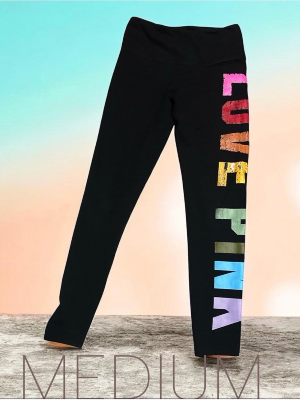 PINK Victoria's Secret Black Leggings with Multicolor 'LOVE PINK' Side Letters